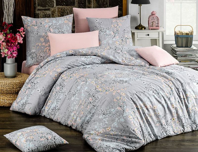 Povlečení FIRUZE ŠEDÉ květinový vzor, bavlna hladká, 140x200cm + 70x90cm 