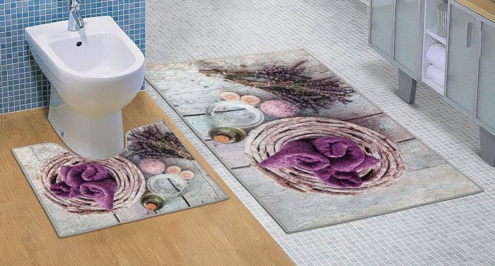 Koupelnová souprava 3D FOTOTISK LEVANDULE, na světlém dřevě, 100x60cm (předložka) + 60x50cm (na WC)