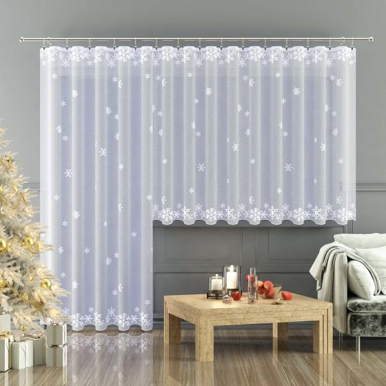 Žakárová záclona WINTER zimní, vánoční vzor, s bordurou, bílá (více výšek, v metráži)