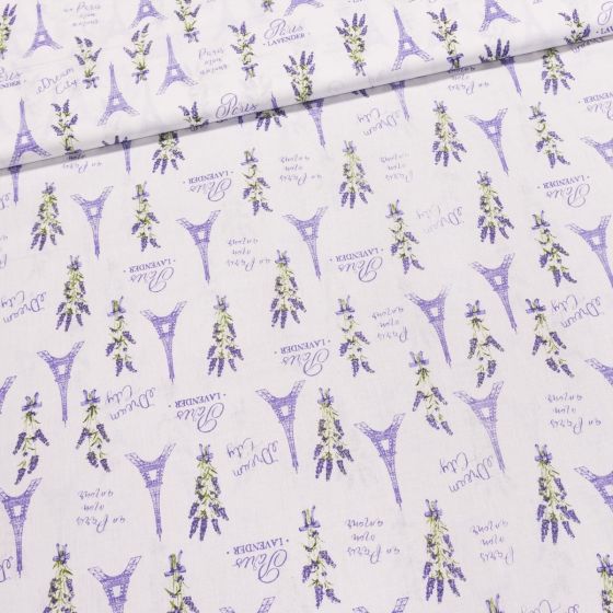 Bavlněné plátno 103000/16101, levandule a Eifelova věž na bílé, fialová, š.140cm (látka v metráži)