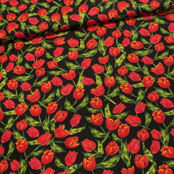 Bavlněné plátno 103000/16102, červené tulipány na černé, š.140cm (látka v metráži)