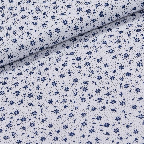 Bavlněné plátno Valerie VA003/02 tmavě modré květinky na bílé, š.160cm (látka v metráži)