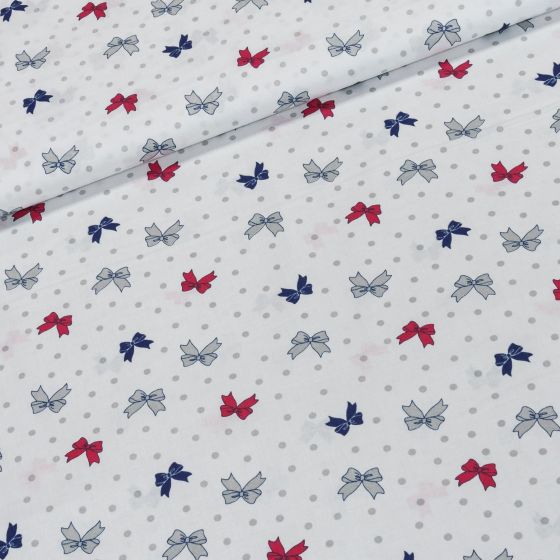 Bavlněné plátno ARIA šedé, modré a červené mašličky na bílé, š.160cm (látka v metráži)