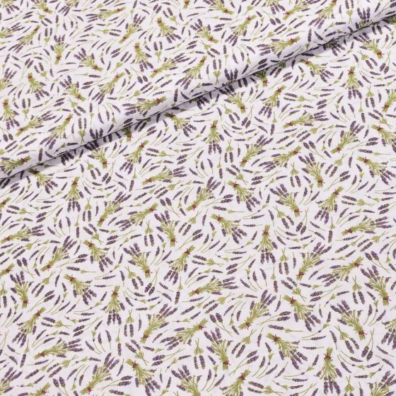 Bavlněné plátno D-0857 drobné kytičky levandule na bílé, fialová, š.140cm (látka v metráži)