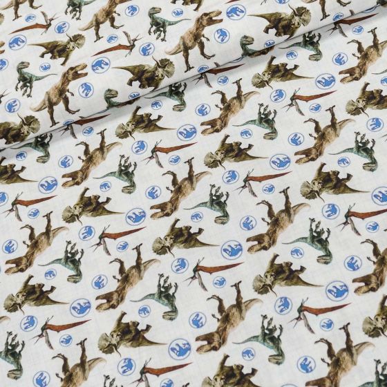 Bavlněné plátno dětské 7027, JURSKÝ PARK, dinosauři na bílé, š.150cm (látka v metráži)