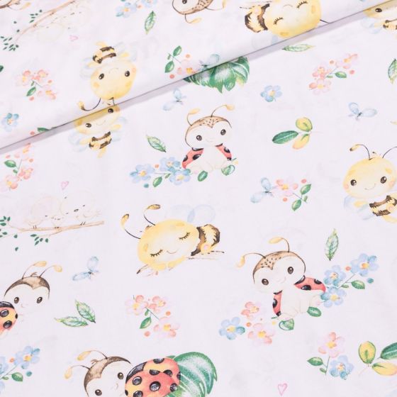 Bavlněné plátno dětské ANIKA včelky a berušky na bílé, š.160cm (látka v metráži)