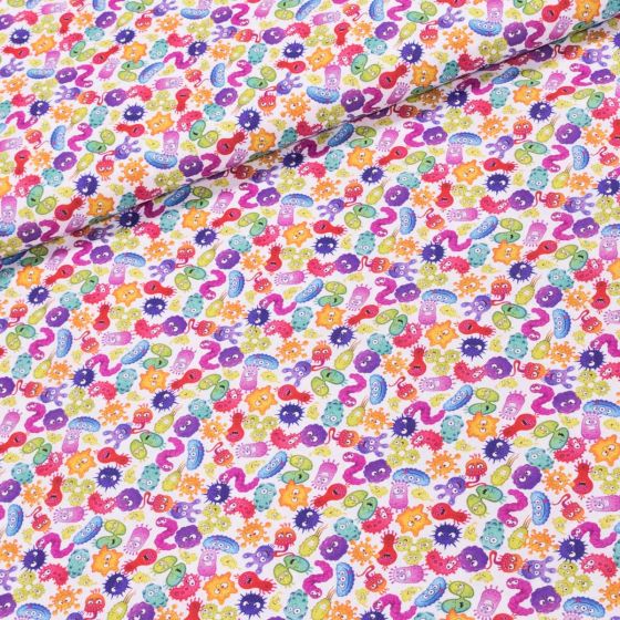 Bavlněné plátno dětské TREND VIRUS 60 MULTICOLOR, barevné viry na bílé, š.150cm (látka v metráži)