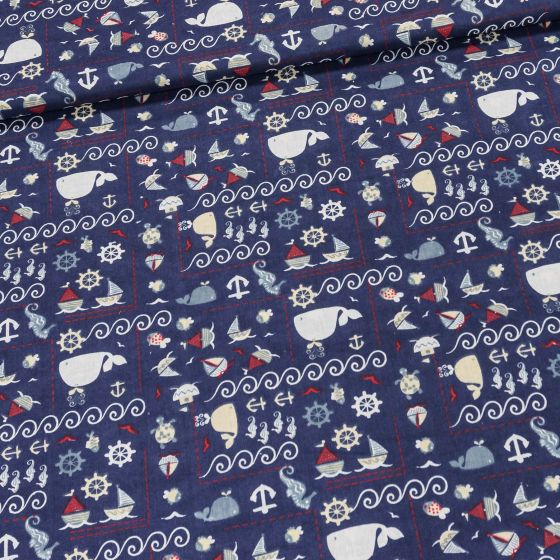 Bavlněné plátno dětské EMA námořnický motiv na tmavě modré, š.140cm (látka v metráži)