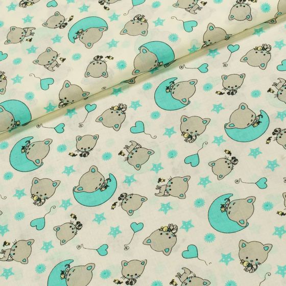 Bavlněné plátno dětské kočky na modrém měsíci s hvězdami, š.140cm (látka v metráži)