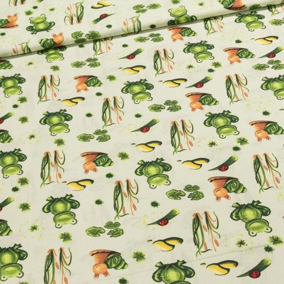 Bavlněné plátno dětské POLO žabky v rákosí na zelené, š.140cm (látka v metráži)