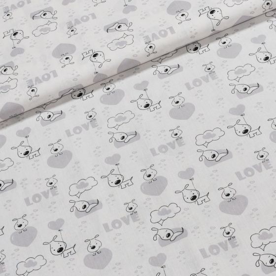 Bavlněné plátno dětské šedí pejsci na bílé, š.140cm (látka v metráži)