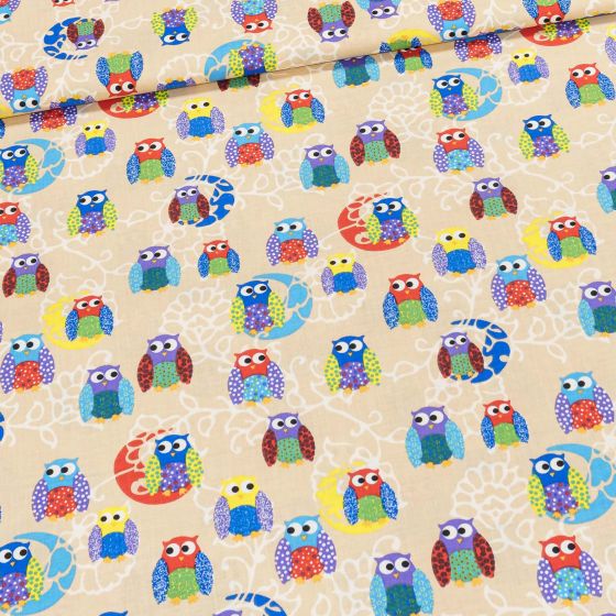Bavlněné plátno dětské SOVY na béžové, š.140cm (látka v metráži)