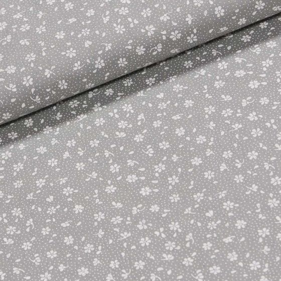 Bavlněné plátno Valerie VA002/07 bílé květinky na šedé, š.160cm (látka v metráži)