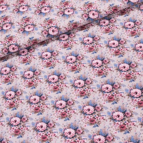 Bavlněné plátno PETITE BERGERAC-A 1 ROJO, růžové a modré květiny na béžové, š.150cm (látka v metráži)