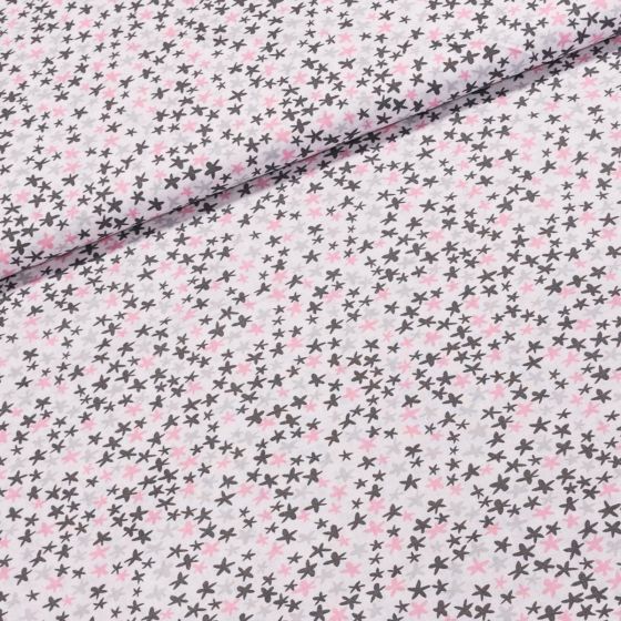 Bavlněné plátno POLO růžové, černé a šedé hvězdičky na bílé, š.140cm (látka v metráži)