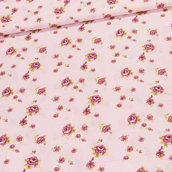 Bavlněné plátno POLO vínové růžičky na růžové, š.140cm (látka v metráži)