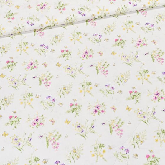 Bavlněné plátno SIMONA kytičky lučních květů s motýlky na bílé, š.140cm (látka v metráži)