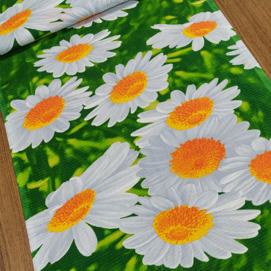 Bavlněné plátno vaflovina, utěrkovina / štola na metráž 703023 kopretiny na zelené, š. 50cm (látka v metráži)