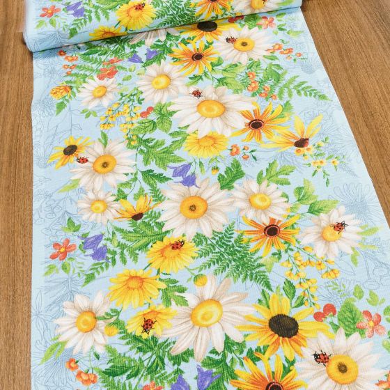 Bavlněné plátno vaflovina, utěrkovina / štola na metráž 703023 směs květin na modré, š. 50cm (látka v metráži)