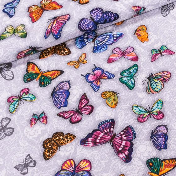 Bavlněné plátno vaflovina, utěrkovina / štola na metráž 703023 barevní motýli na šedé, š. 50cm (látka v metráži)