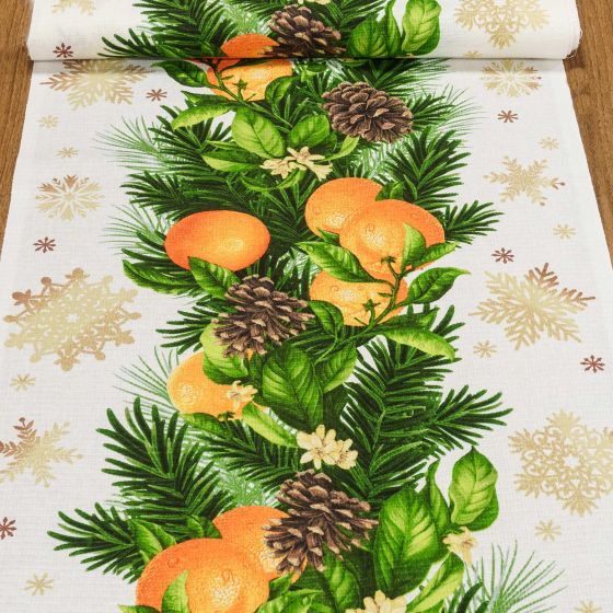 Bavlněné plátno vaflovina, utěrkovina / štola na metráž vánoční 703023, vánoční výzdoba s pomeranči, zelená, š. 50cm (látka v metráži)