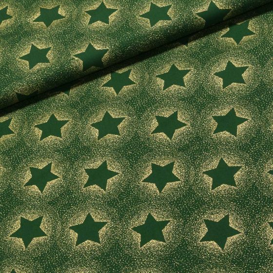 Bavlněné plátno vánoční 18737-025 zlaté hvězdy a třpytky na tmavě zelené, š.140cm (látka v metráži)
