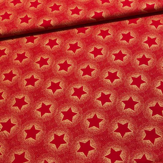Bavlněné plátno vánoční 20706-015 zlaté velké hvězdy se třpytkami na červené, š.140cm (látka v metráži)