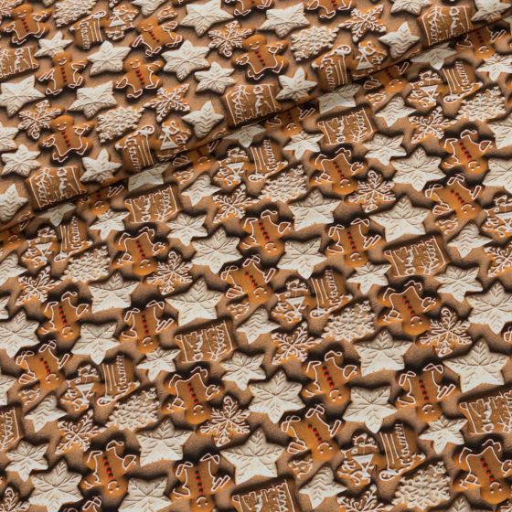 Bavlněné plátno vánoční H242 COOKIES, hnědé perníčky š.150cm (látka v metráži)
