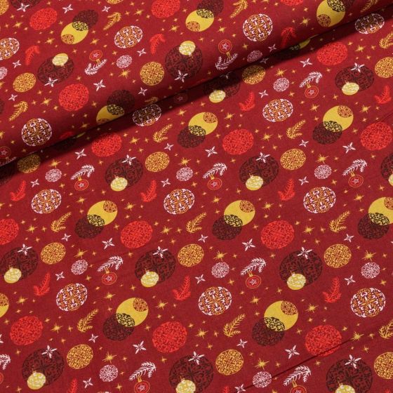 Bavlněné plátno vánoční LGB 980001 červené, zlaté a černé baňky na červené, š.140cm (látka v metráži)