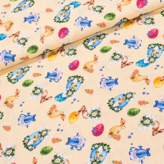 Bavlněné plátno velikonoční TREND NIVINS-C 60 MULTICOLOR, velikonoční vajíčka se zvířátky na žluté, š.150cm (látka v metráži)