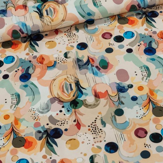 Bavlněný úplet 2903 4868, abstraktní vzor, lososovo-modrá, š.180cm (látka v metráži)