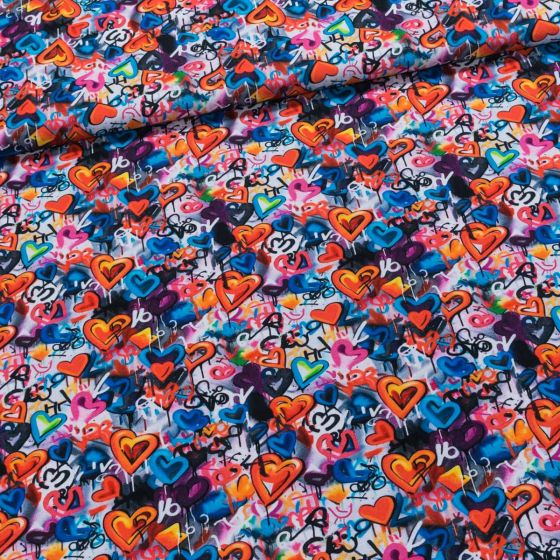 Bavlněný úplet 6-13923 DIGITÁLNÍ TISK barevná srdíčka, grafity, š.150cm (látka v metráži)
