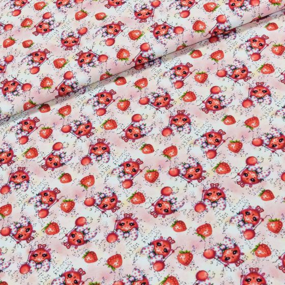 Bavlněný úplet dětský 6-30824, červené jahůdky na bílé, š.142cm (látka v metráži)