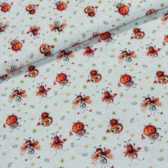 Bavlněný úplet dětský DIGITÁLNÍ TISK 6-00725, berušky na bílé, š.142cm (látka v metráži)
