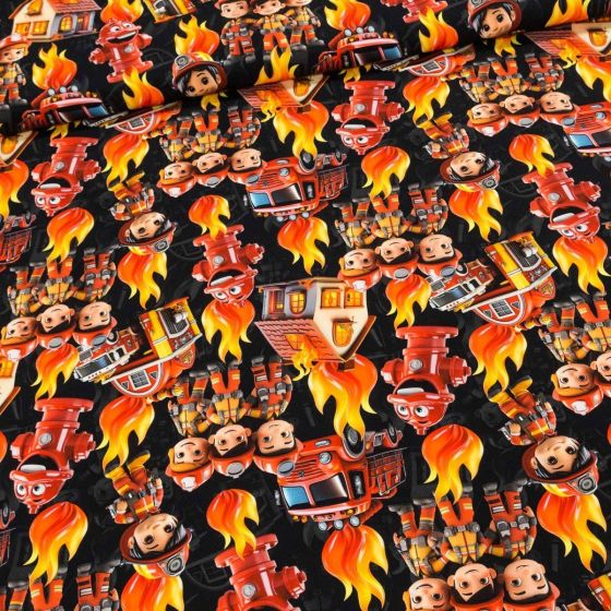 Bavlněný úplet dětský TEPLÁKOVINA 4842 9099, HASIČI, oranžová, š.185cm (látka v metráži)
