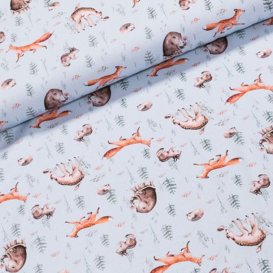 Bavlněný úplet dětský TEPLÁKOVINA 8182-008, lesní zvířátka na šedo-modré, š.145cm (látka v metráži)