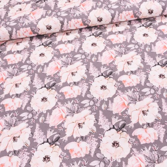 Bavlněný úplet TEPLÁKOVINA 4842 4912, lososové šípkové růže na šedé, š.180cm (látka v metráži)