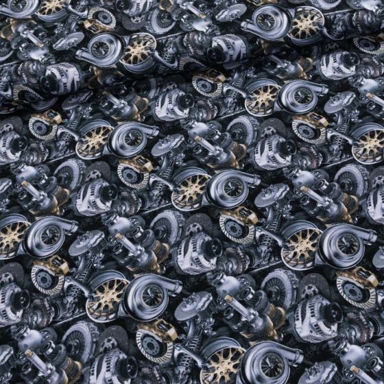 Bavlněný úplet TEPLÁKOVINA 6-04723 DIGITÁLNÍ TISK automobilové součástky, šedá, š.150cm (látka v metráži)