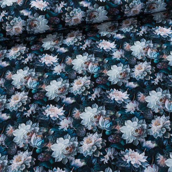 Bavlněný úplet TEPLÁKOVINA DIGÁLNÍ TISK 6-18523, květy na modré, š.140cm (látka v metráži)