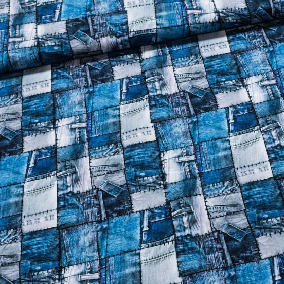 Bavlněný úplet TEPLÁKOVINA DIGÁLNÍ TISK 6-24923, modré riflové záplaty, š.142cm (látka v metráži)