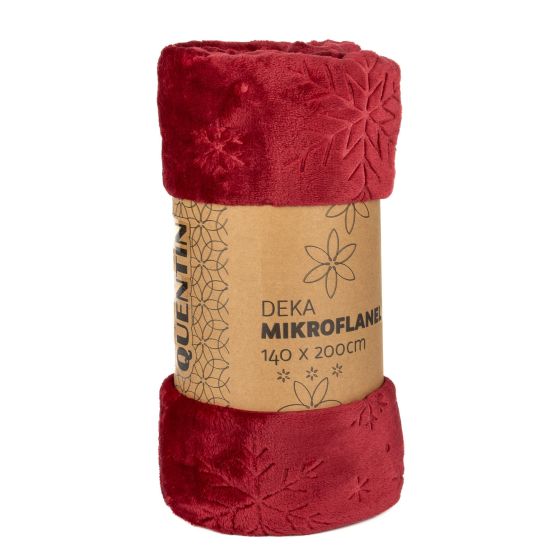 Deka z mikroflanelu vánoční QK-222, vytlačený vzor vločky, tmavě červená, 150x200cm