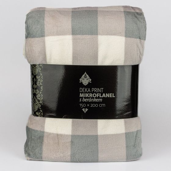 Deka z mikrovlákna PRINT BERÁNEK šedo-krémová kostka, 150x200cm