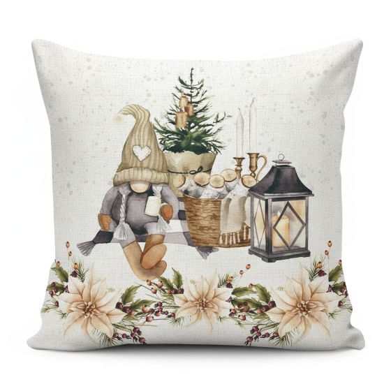 Dekorační povlak na polštářek vánoční CYH6060C, skřítek s lucernou, bílá 40x40cm