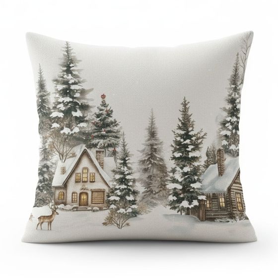 Dekorační povlak na polštářek vánoční CYH6059R, zasněžené chaloupky, bílo-zelená 40x40cm