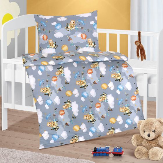 Dětské povlečení do postýlky MEDVÍDEK V LETADLE, šedé, bavlna hladká, 100x135cm + 45x60cm