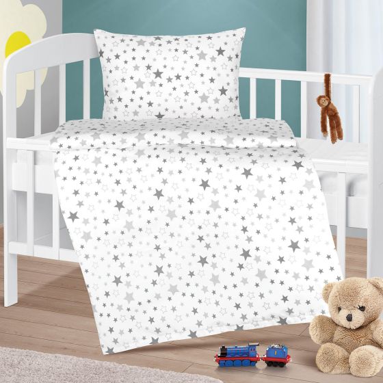 Dětské povlečení do postýlky ŠEDÉ HVĚZDIČKY NA BÍLÉ, bavlna hladká, 90x135cm + 45x60cm
