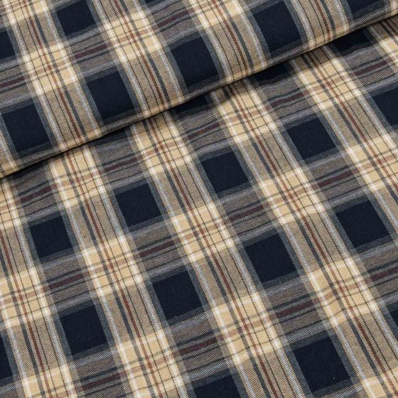 Flanel tkaný / barchet, oboustranný 19, modro-béžové káro, š.150cm (látka v metráži)