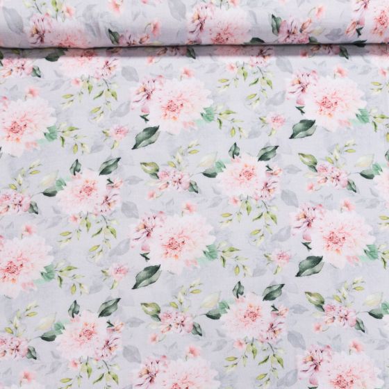 Košilovina bavlněná, mušelín tisk 3119/01, růžovo-fialové květy na šedé š.140cm (látka v metráži)