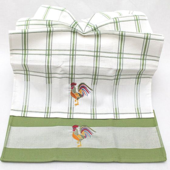 Kuchyňské utěrky KOHOUT vaflové vyšívané, zeleno-bílá, 2 kusy 45x70cm