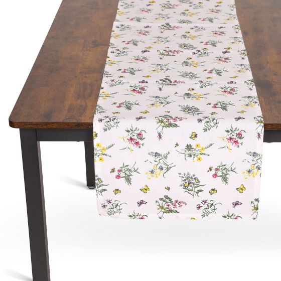 Kuchyňský ubrus / běhoun QK-180, luční kvítí, bílo-růžová 35x180cm